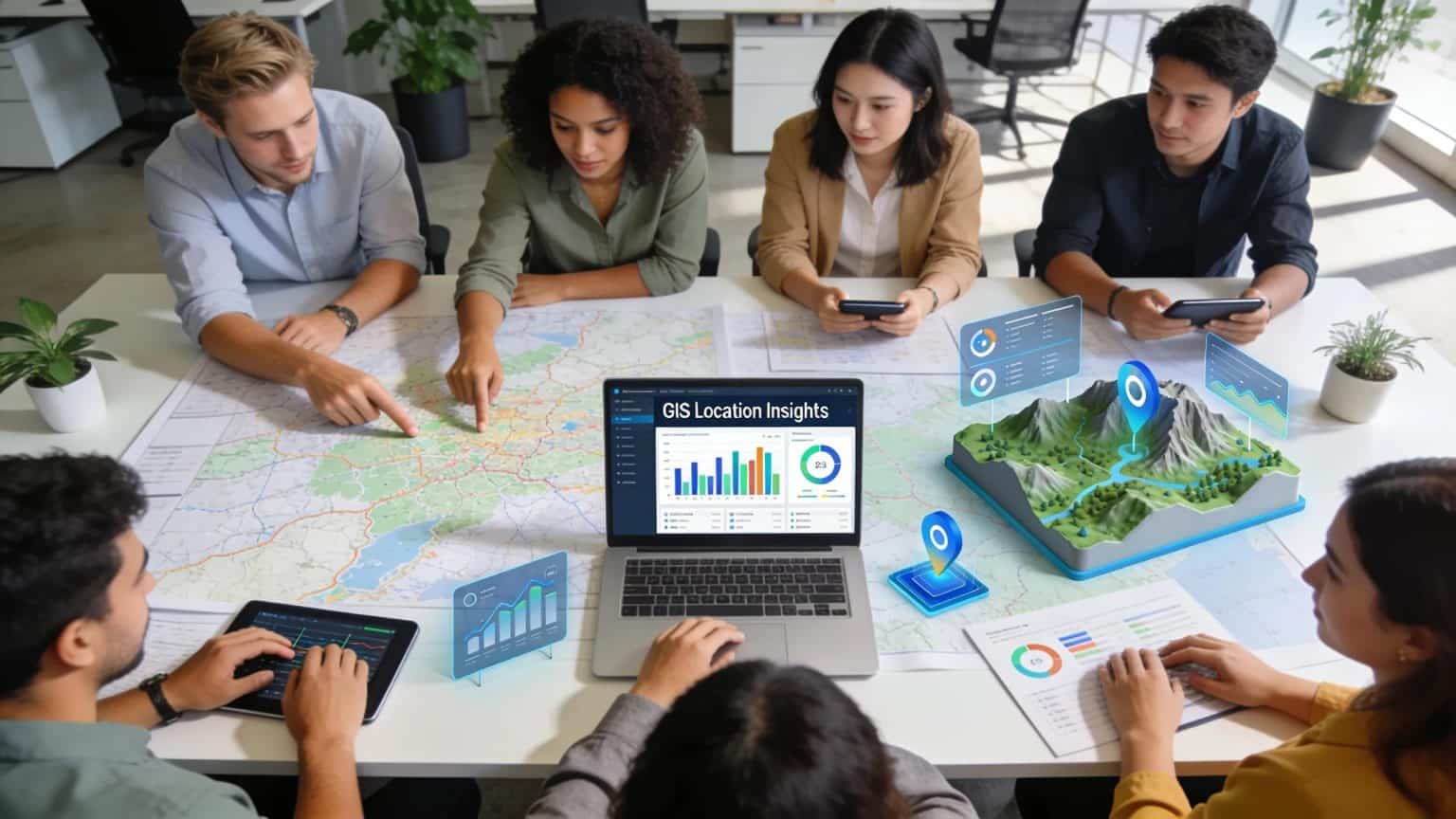 Group of professionals collaborating over geographic information systems in a modern office setting