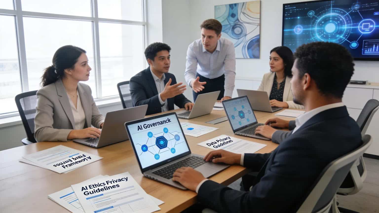 Business professionals collaborating on AI transparency, representing teamwork and modern workplace dynamics