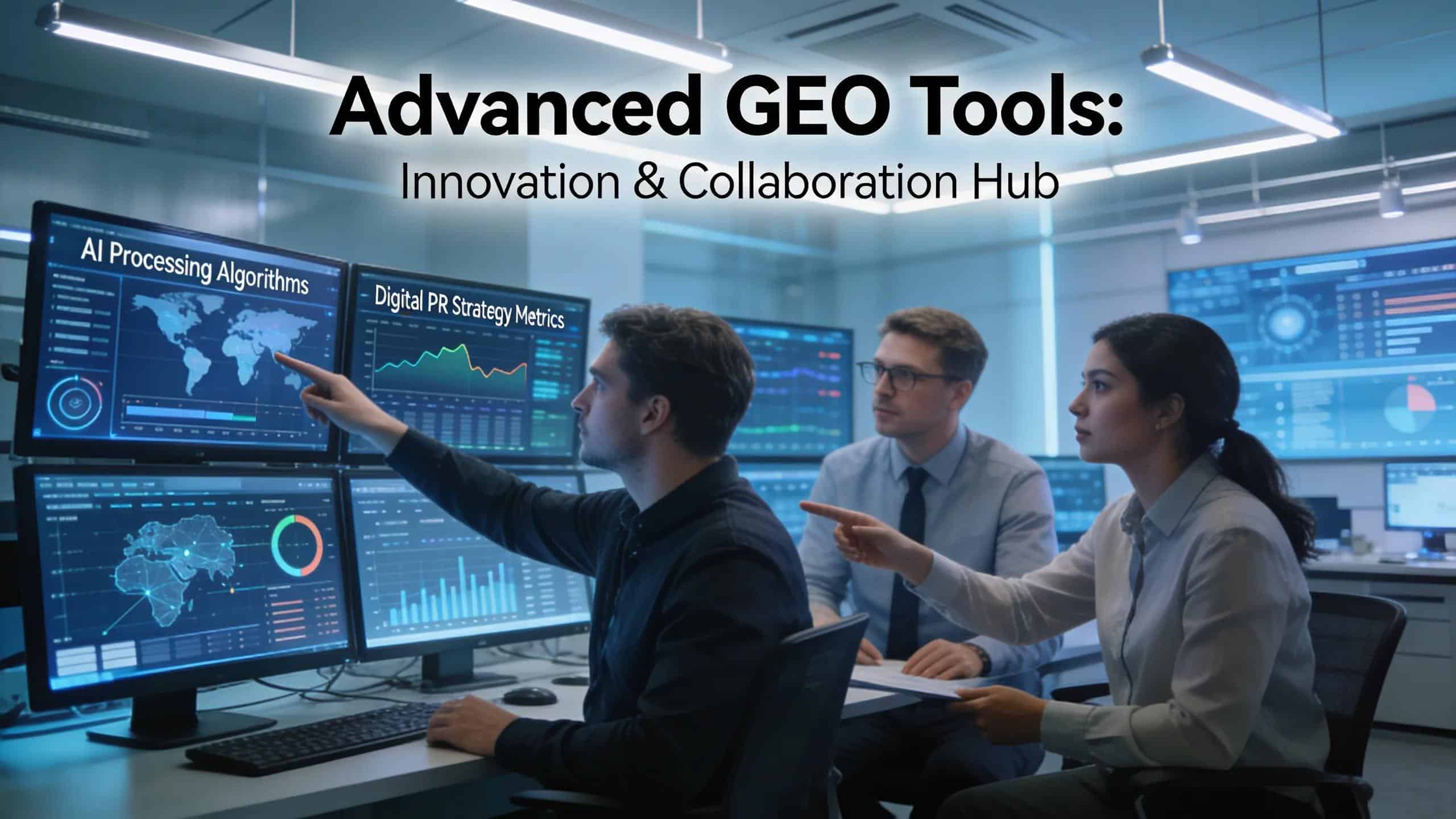 Team analyzing advanced GEO features including AI analytics and digital PR in a high-tech environment