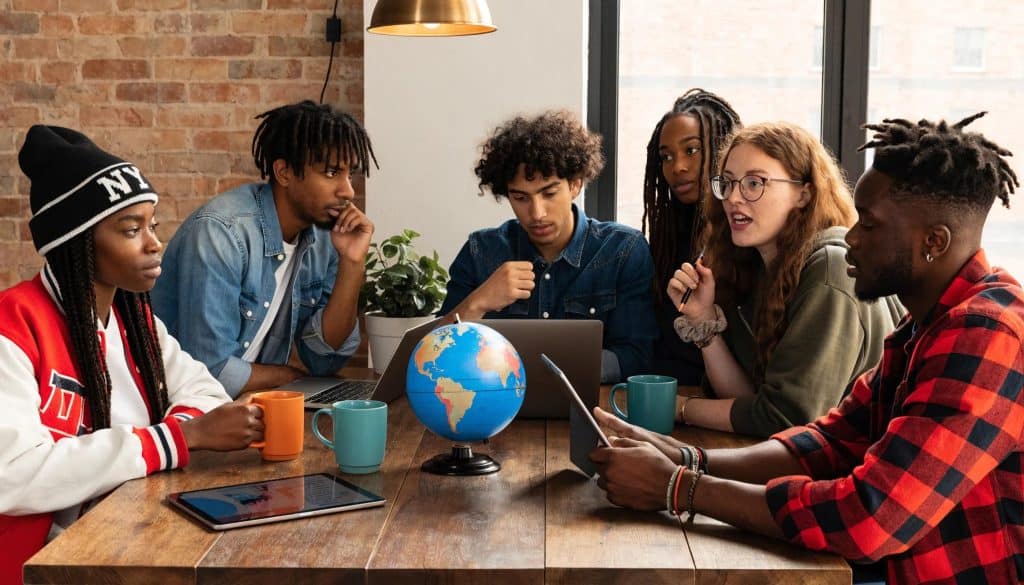 Diverse digital marketing team brainstorming strategies with laptops and AI elements