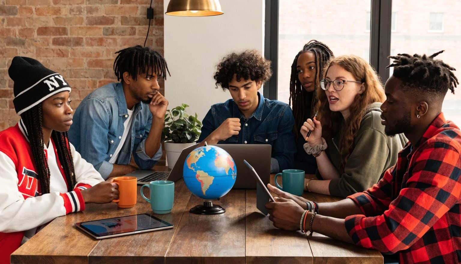 Diverse digital marketing team brainstorming strategies with laptops and AI elements
