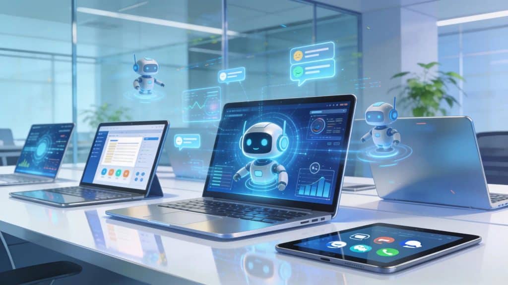 Diverse digital devices showcasing AI platforms in a modern workspace setting