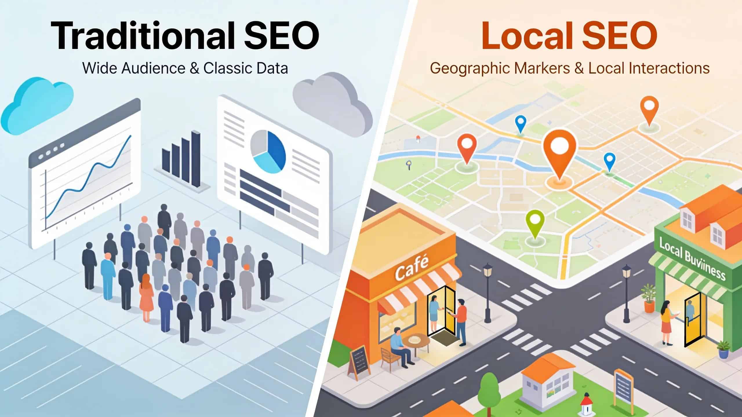 Contrasting views of traditional SEO and Geographic Optimization strategies