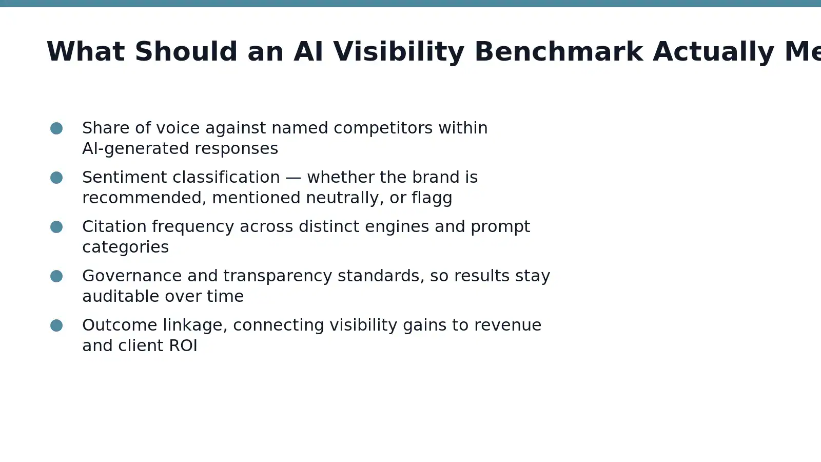 A real benchmark quantifies where a brand stands against named competitors inside AI-generated answers, not